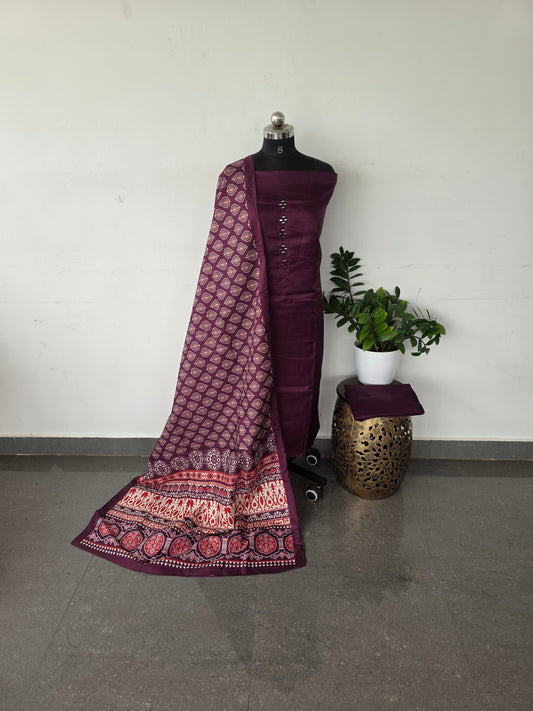 Fancy silk set with ajrakh silk shawl - FS1