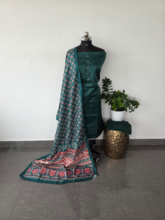 Fancy silk set with ajrakh shawl - FS2