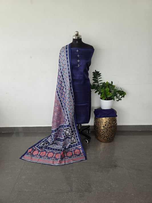 Fancy silk set with ajrakh shawl - FS3