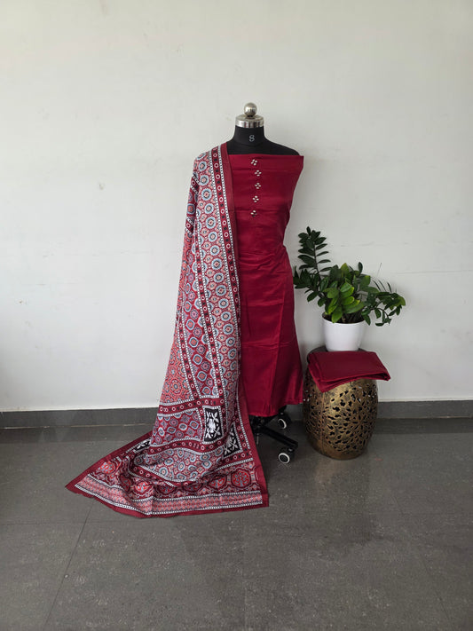Fancy silk top with ajrakh silk shawl set - FS4