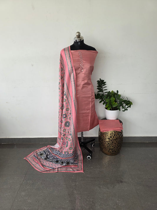 Fancy silk top with ajrakh silk shawl set - FS8