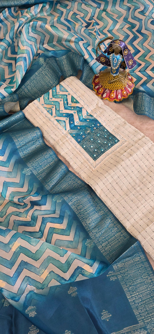 Slub silk set with organza silk shawl - blue