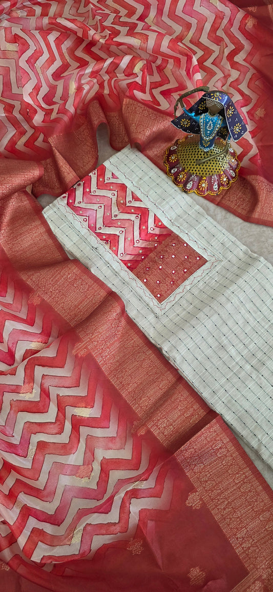 Slub silk set with organza silk shawl - peach