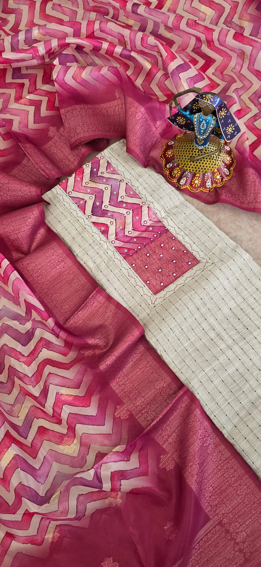 Slub silk set with organza silk shawl - pink