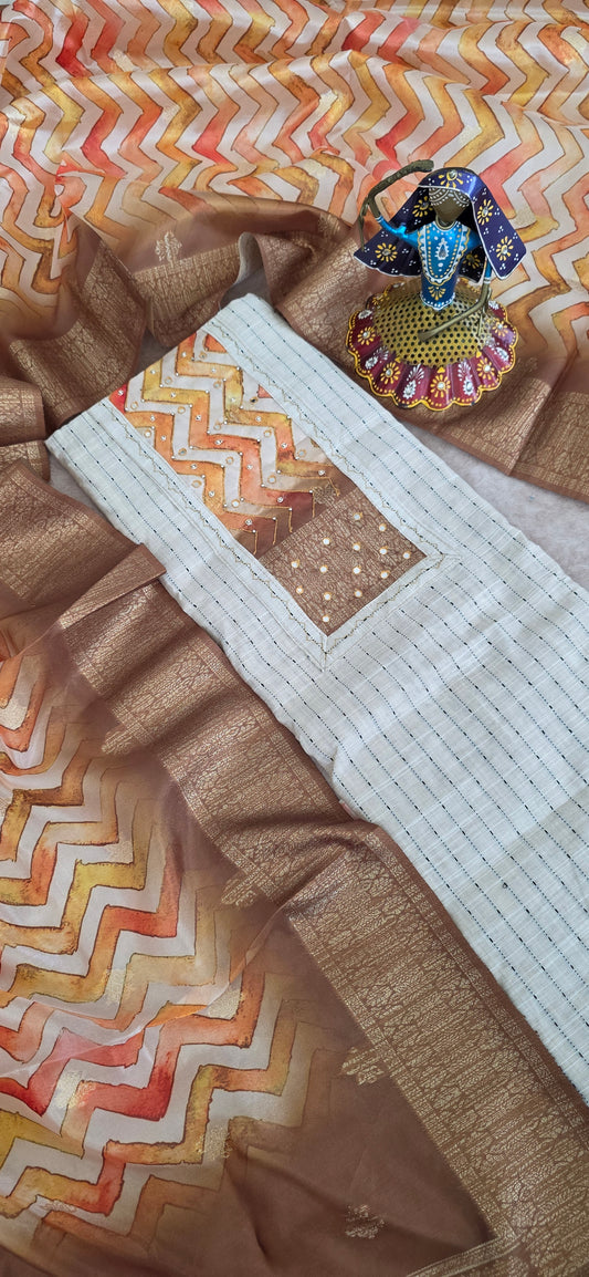 Slub silk set  with organza silk shawl - yellow