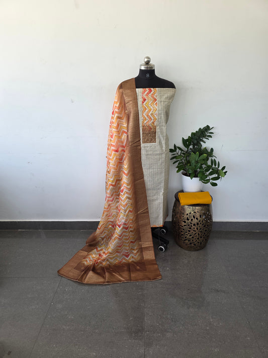 Slub silk set  with organza silk shawl - yellow