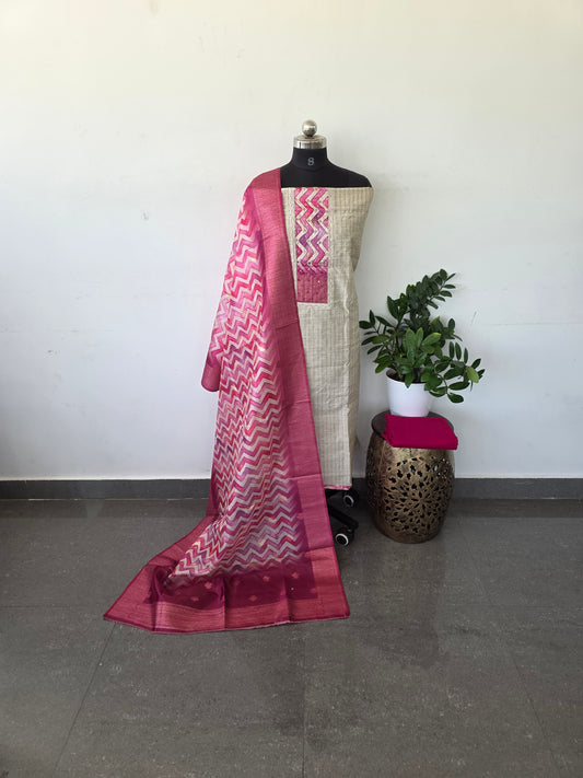 Slub silk set with organza silk shawl - pink