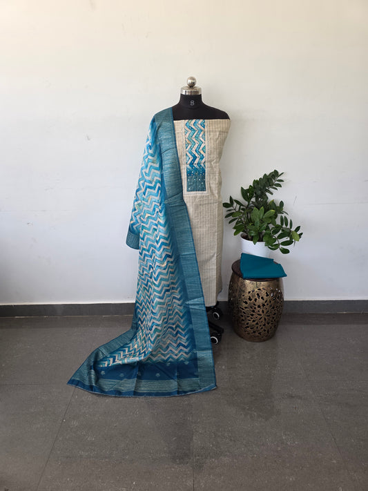 Slub silk set with organza silk shawl - blue