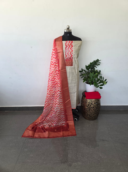 Slub silk set with organza silk shawl - peach