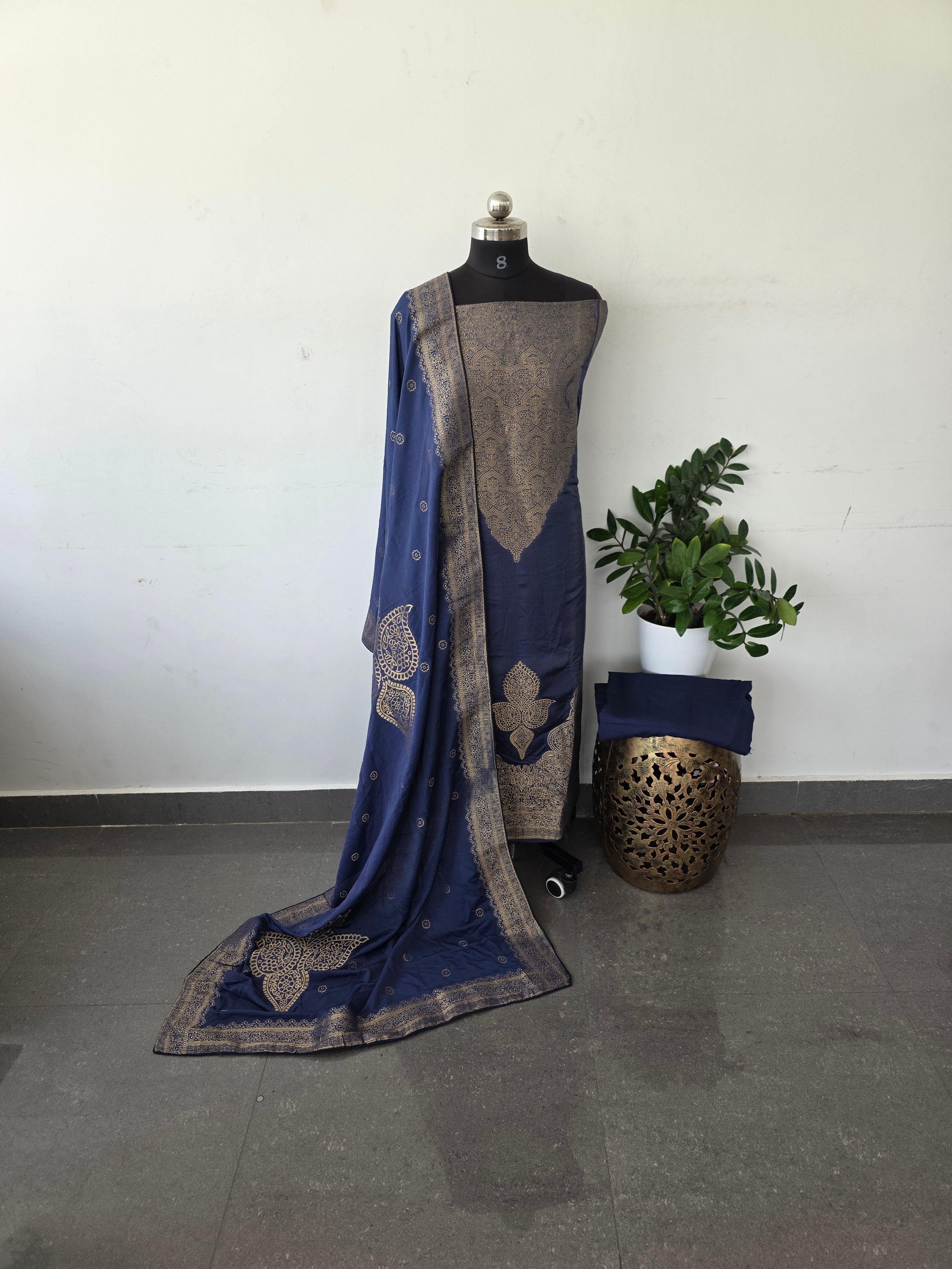 Premium soft banarari silk set - dark blue