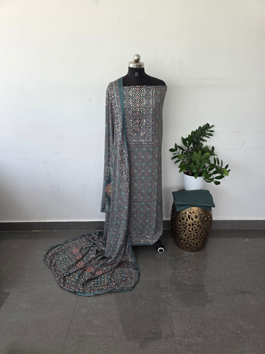 Party wear mirror ajrakh muslin silk set - gg