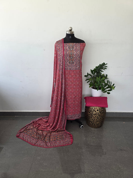 Party wear mirror ajrakh muslin silk set - Pink