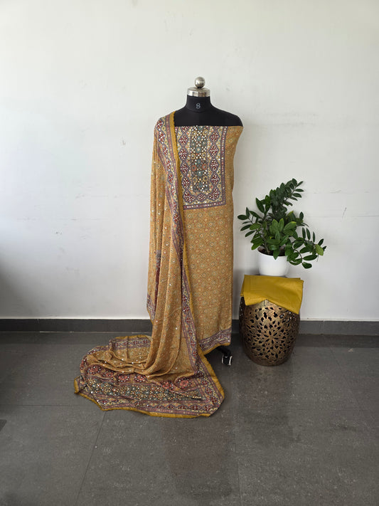 Party wear mirror ajrakh muslin silk set - Mustard