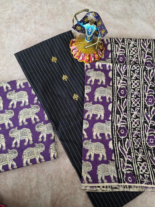 Premium kantha cotton set with pure kalamkari cotton shawl - Black with voilet