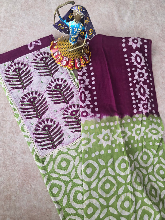 Batik kantha cotton set - green with maroon