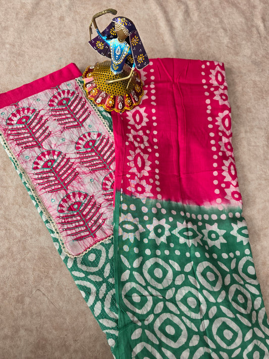 Batik kantha cotton set - green with pink