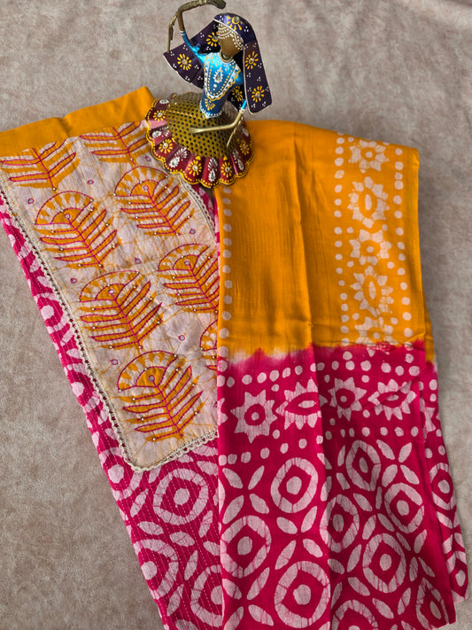 Batik kantha cotton set - pink with yellow