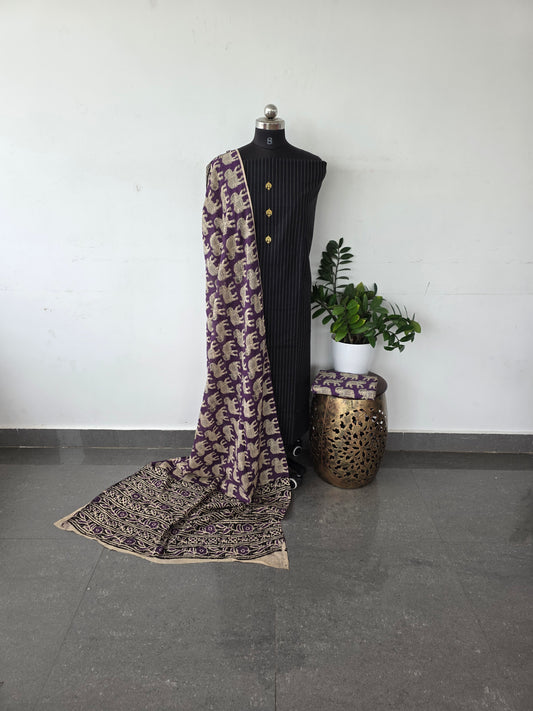 Premium kantha cotton set with pure kalamkari cotton shawl - Black with voilet