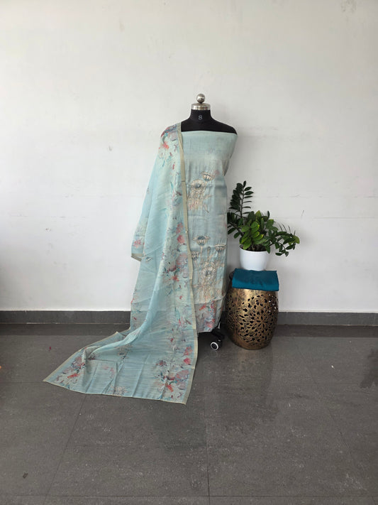 Premium linen shimmer silk set - Blue