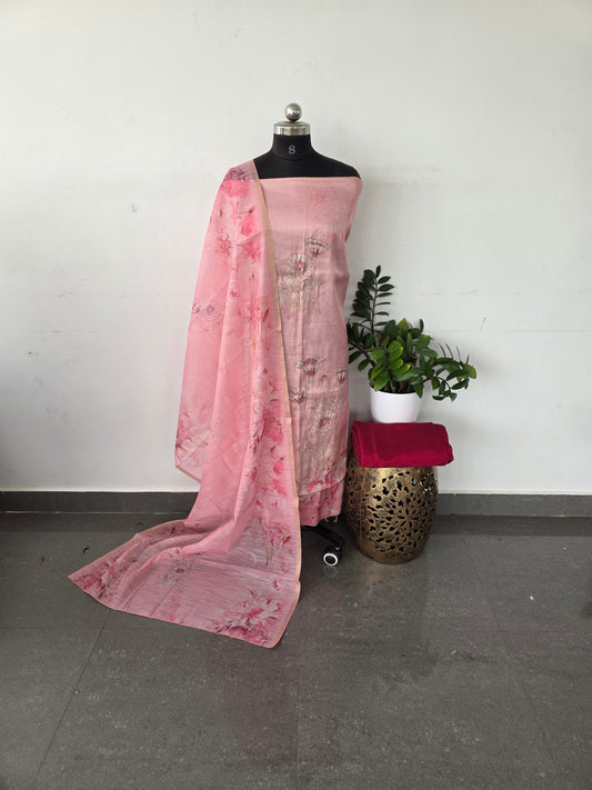 Premium linen shimmer silk set - Pink