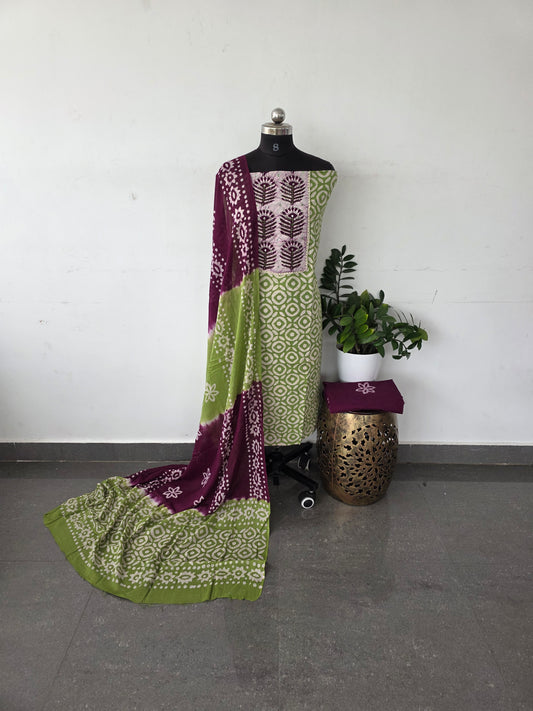 Batik kantha cotton set - green with maroon
