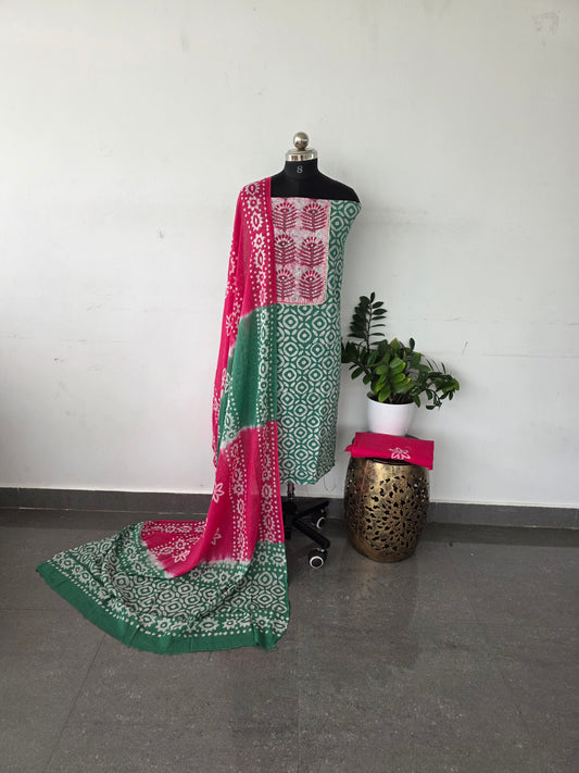 Batik kantha cotton set - green with pink