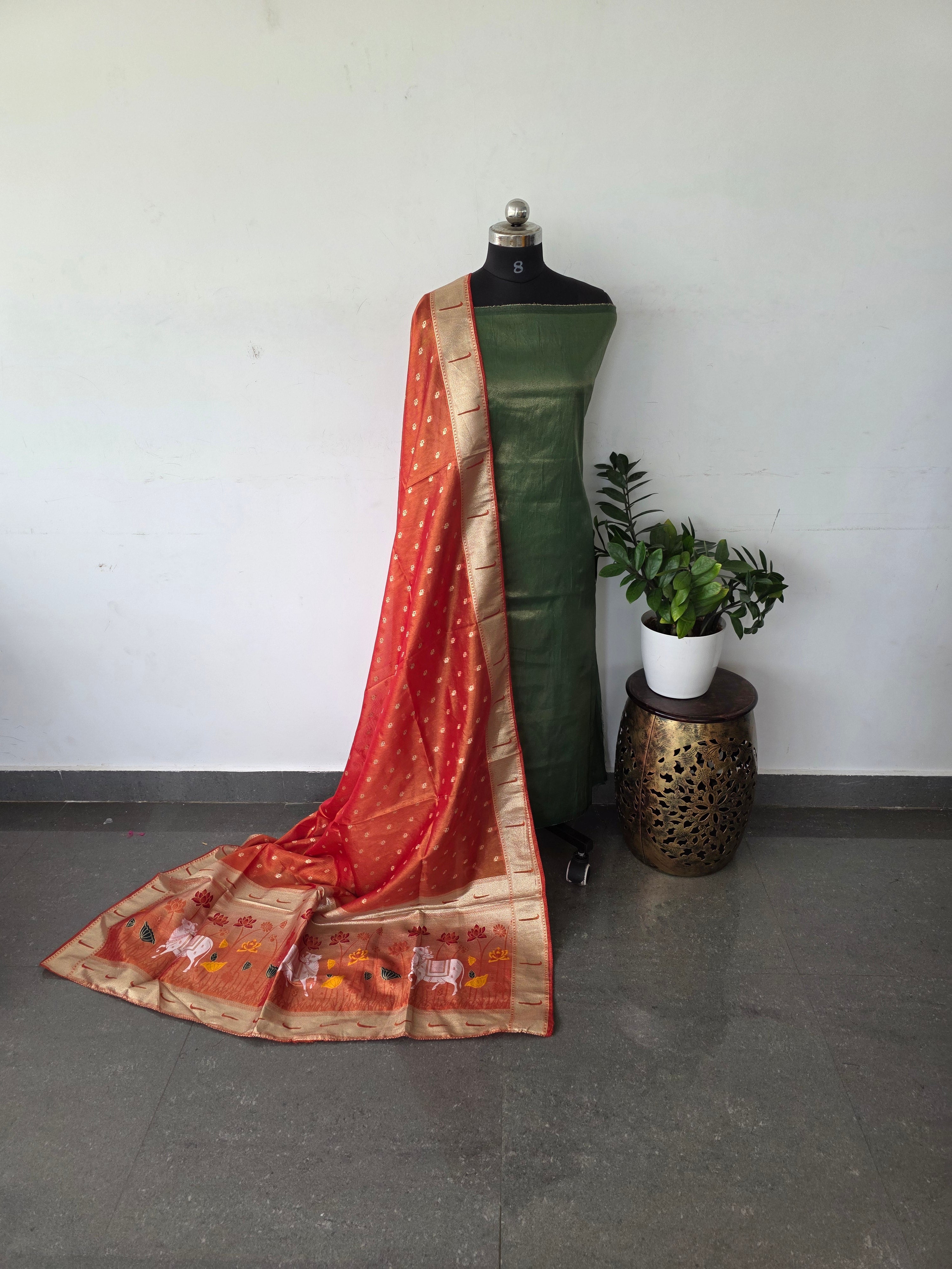 Premium viscose zari tissue silk top with pichwai dola silk shawl - PD7