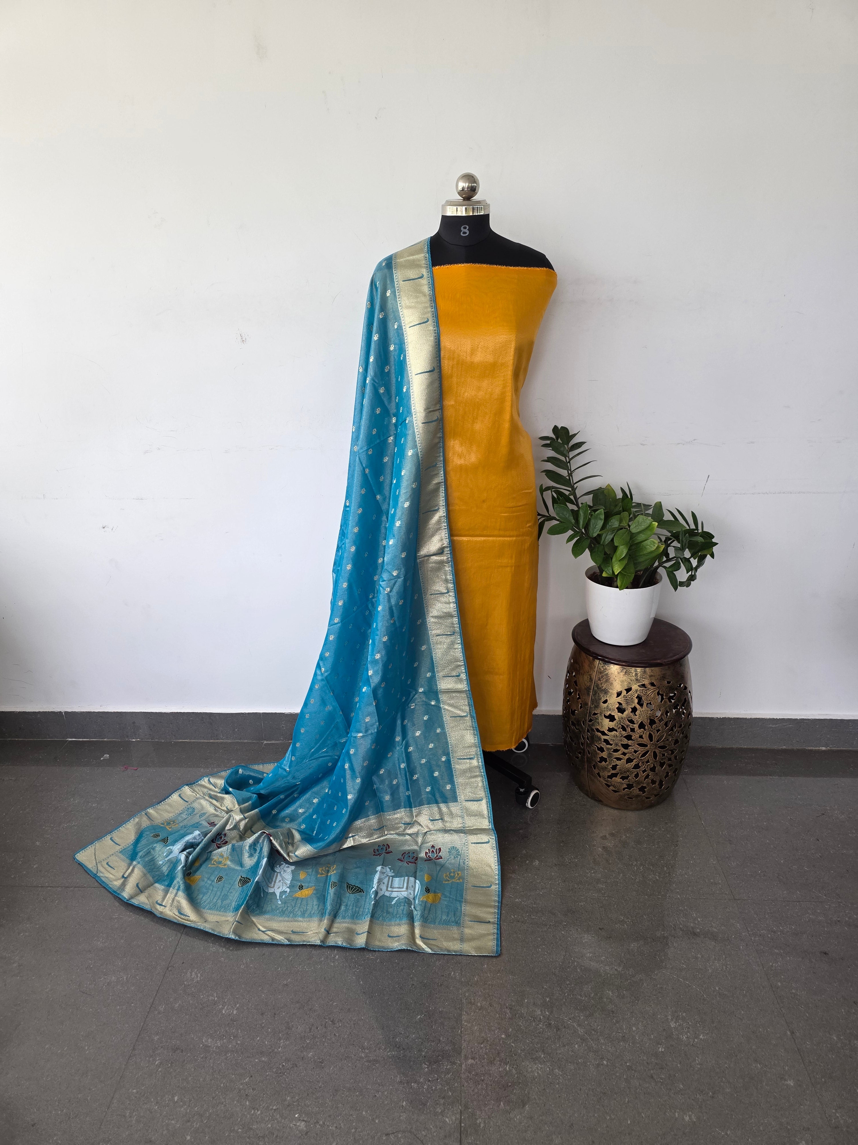 Premium viscose zari tissue silk top with pichwai dola silk shawl - PD8