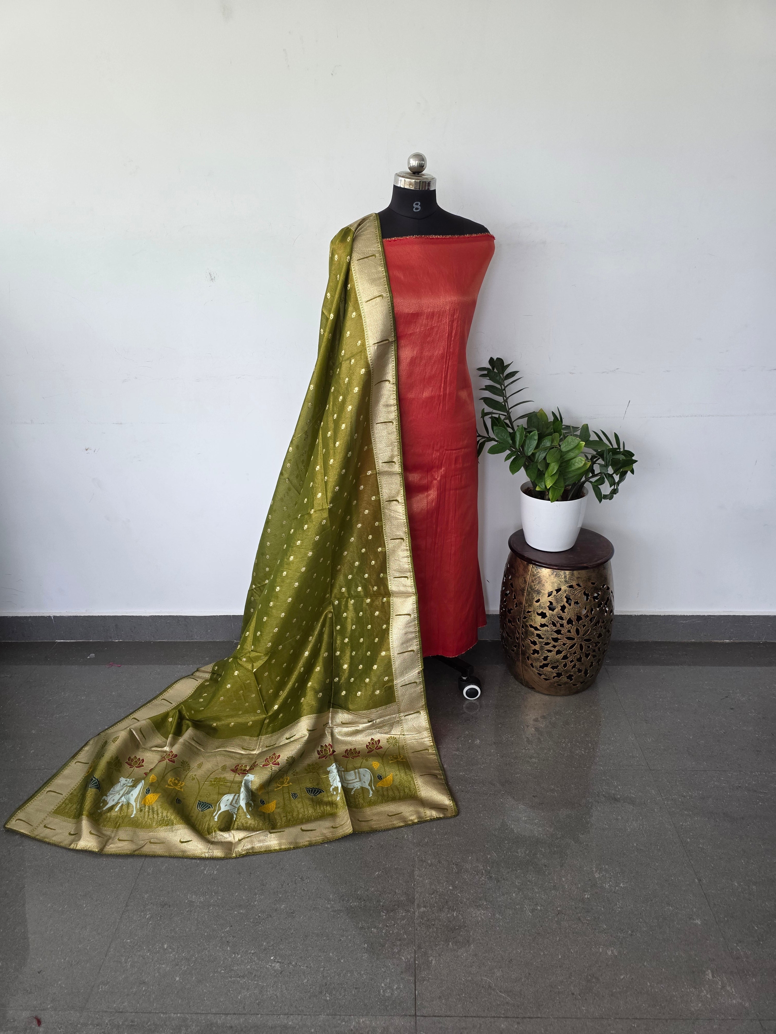 Premium viscose zari tissue silk top with pichwai dola silk shawl - PD9
