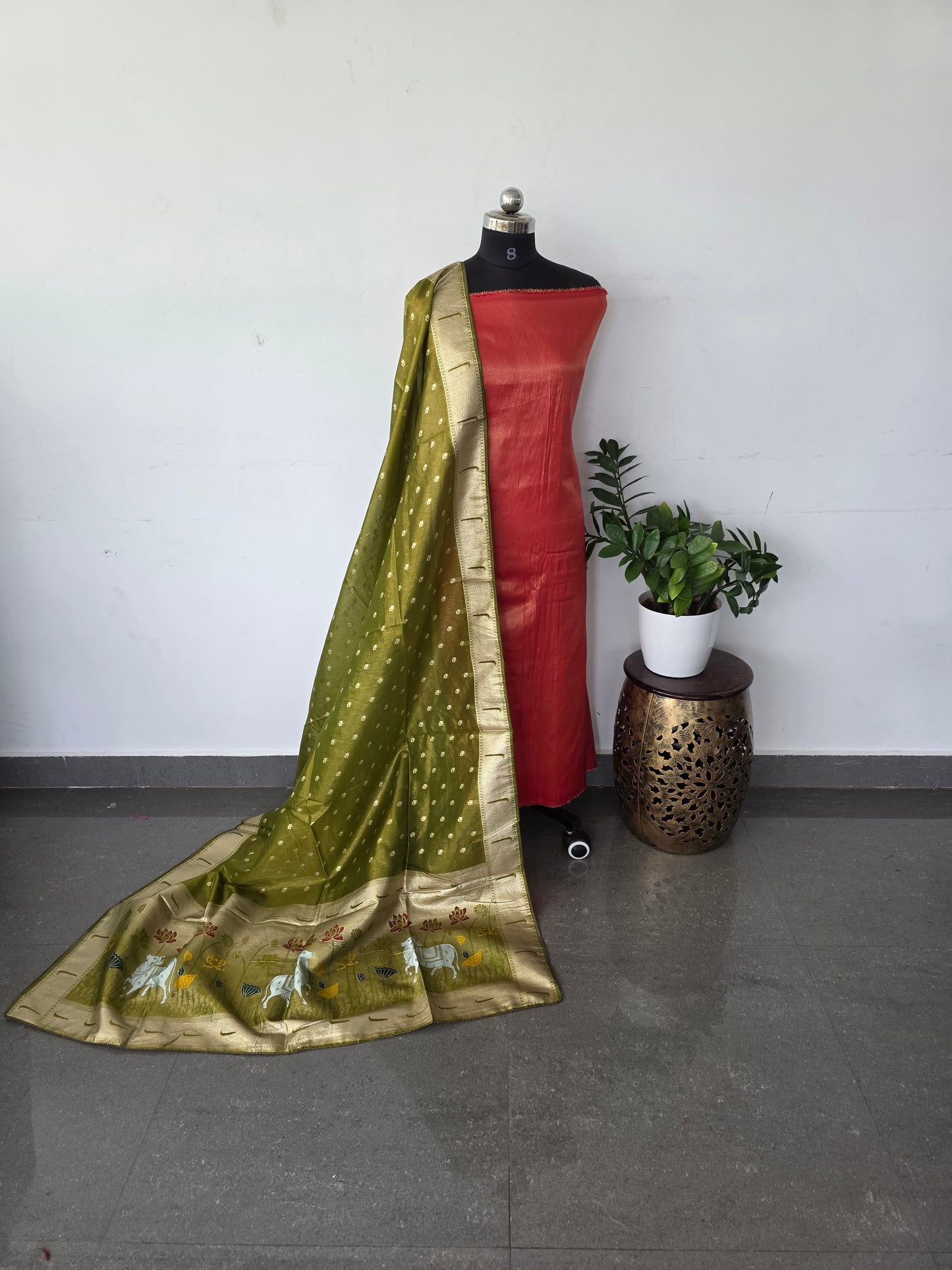 Premium viscose zari tissue silk top with pichwai dola silk shawl - PD9