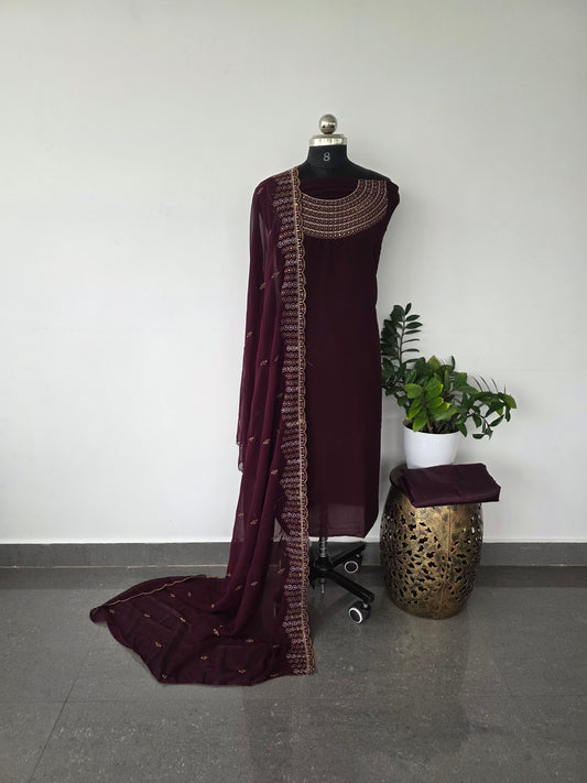Premium embroidery georgette set with lining - Wine color