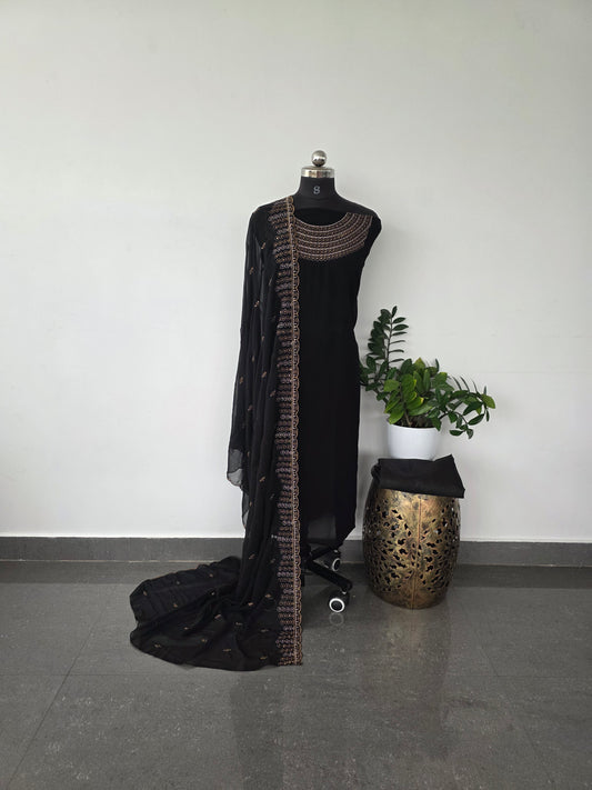 Premium embroidery georgette set with lining - Black