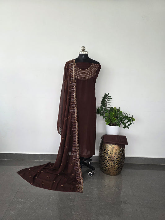 Premium embroidery georgette set with lining - Maroon