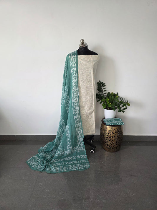 Pure embroidery cotton set with soft batik cotton shawl - blue