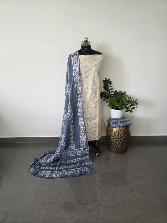 Pure embroidery cotton set with soft batik cotton shawl - grey
