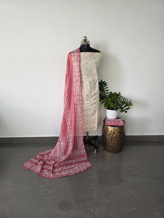 Pure embroidery cotton set with soft batik cotton shawl - pink