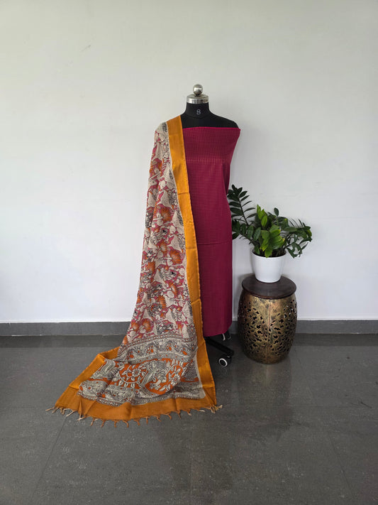Premium semi raw silk top with pure kalamkari silk shawl - MIX14