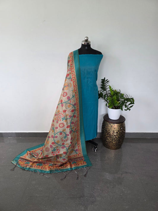 Premium cosmos shimmer silk top with semi tussar kalamkari silk shawl - TK1