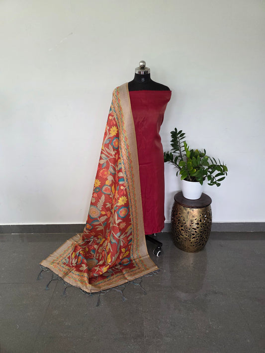 Premium cosmos shimmer silk top with semi tussar kalamkari silk shawl - TK4
