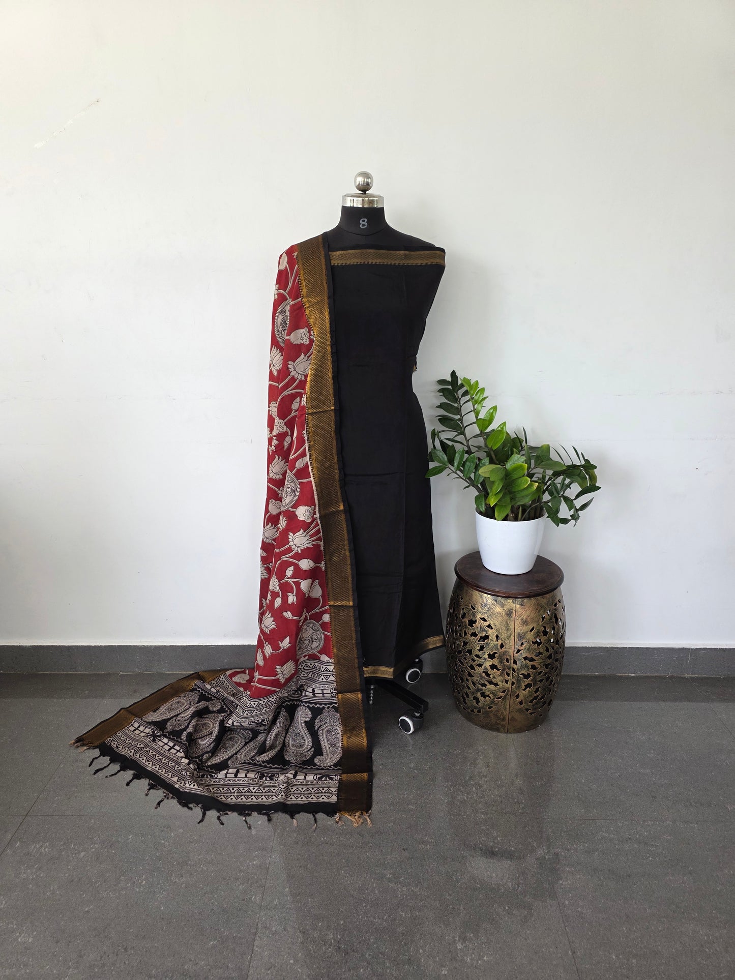 Premium chennuri silk top with kalamkari silk shawl - red