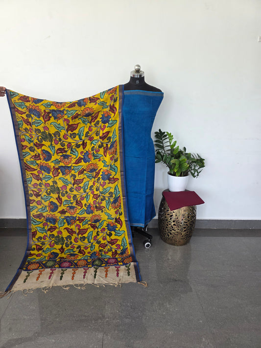 Premium pure mangalagiri silk top with pen kalamkari silk shawl - blue1