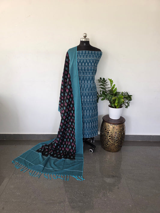 Mercerised ikkat cotton top with mul ikkat shawl - w1