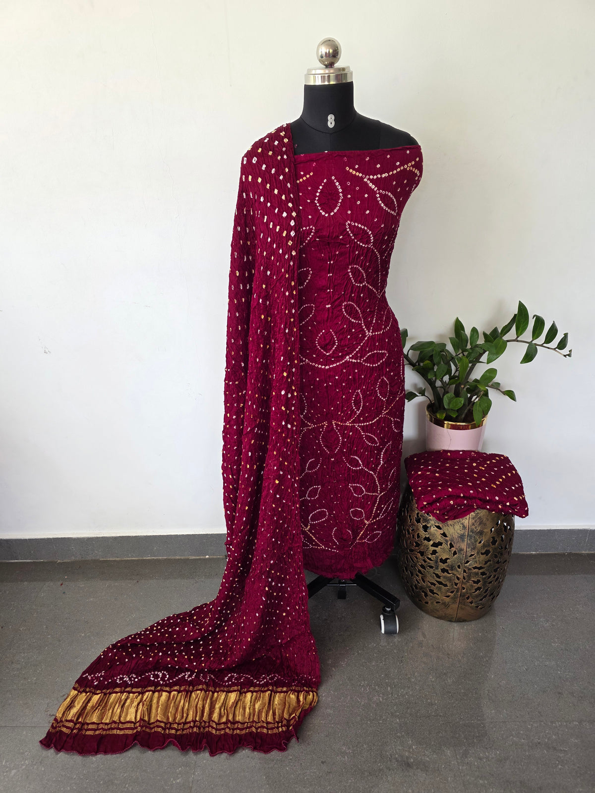 Handcrafted bandhani modal silk set with lagdi patta -BN199
