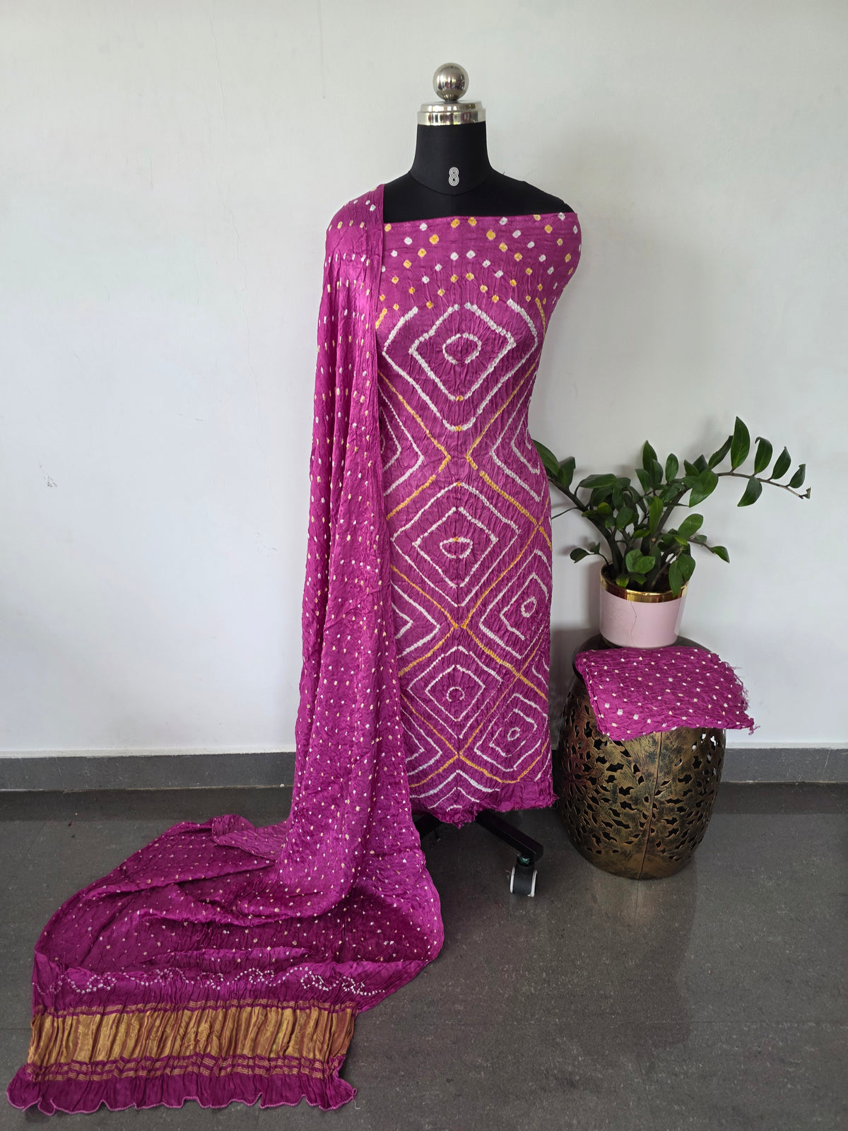 Handcrafted bandhani modal silk set with lagdi patta -BN198