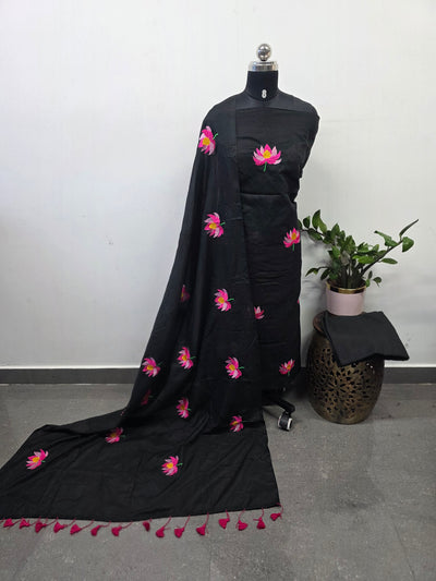 Lotus Embroidery Khadi cotton salwar(black) -JMM664