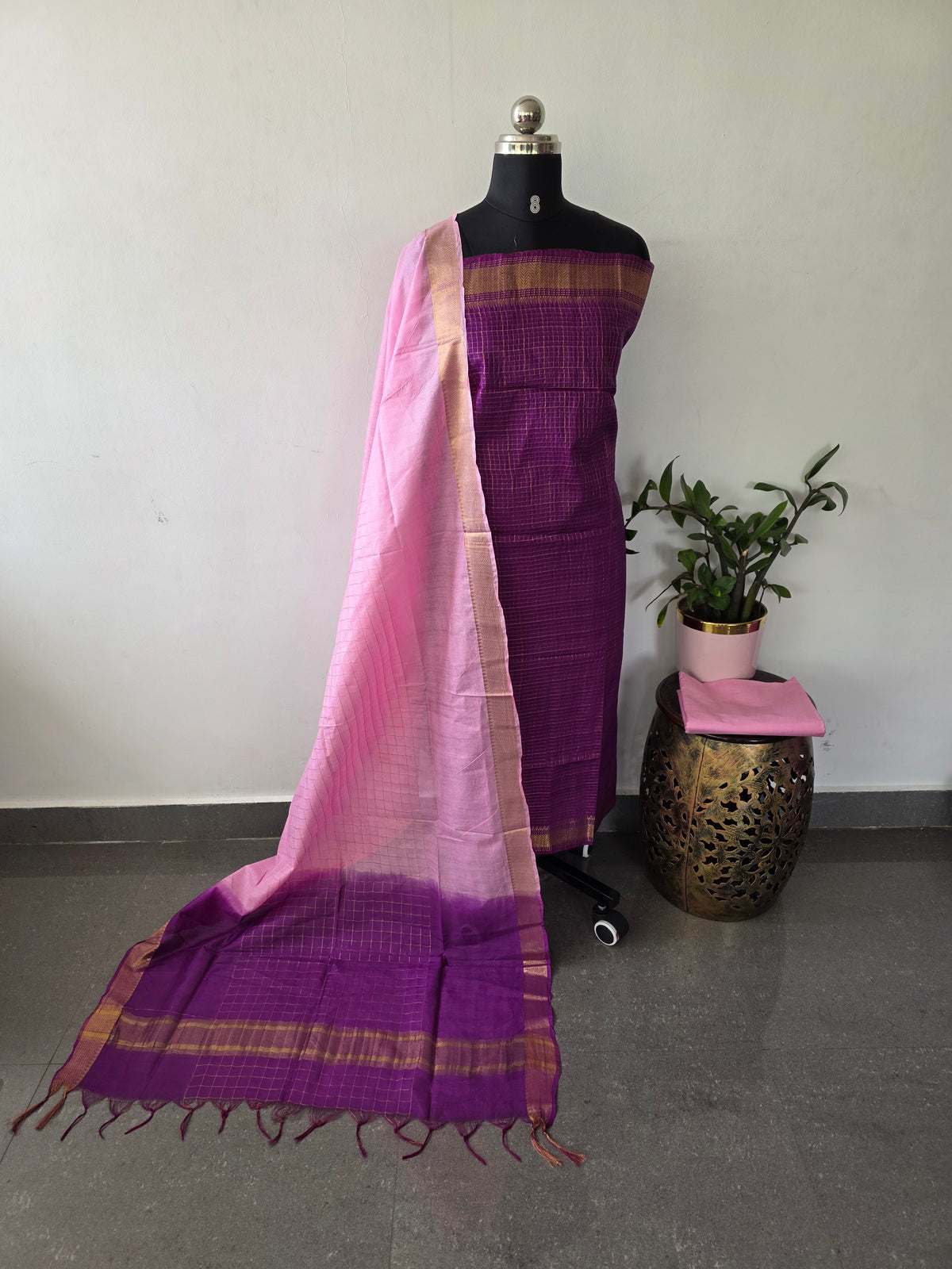 Checked Bhagalpuri fusion mangalagiri silk set -BA632