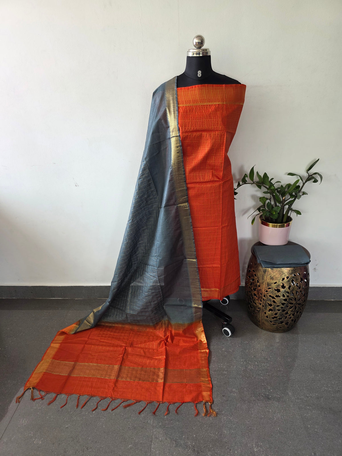Checked Bhagalpuri fusion mangalagiri silk set -BA631
