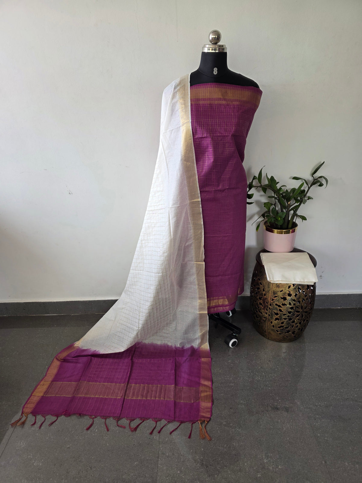 Checked Bhagalpuri fusion mangalagiri silk set -BA636