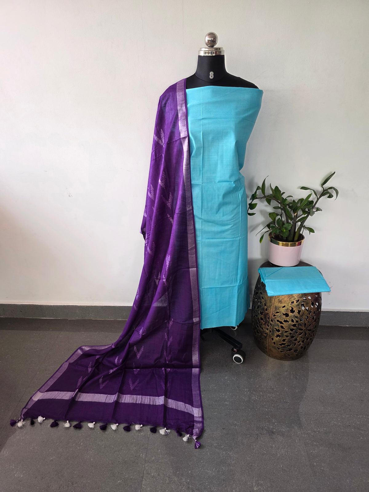 Bhagalpuri katan set with cotton linen duppatta- BA610