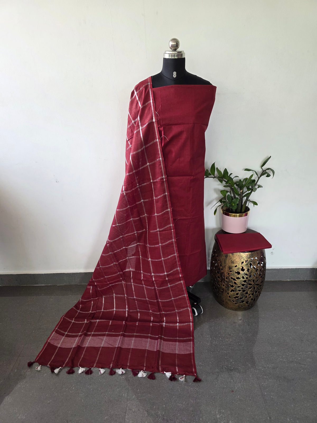 Bhagalpuri katan set with cotton linen duppatta-BA616